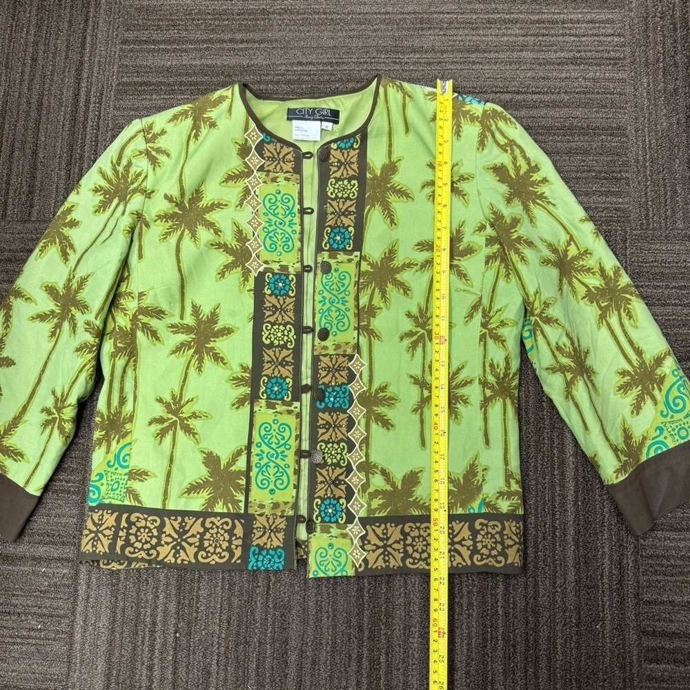 City Girl Vacation Tropical Palm Tree Green Brown Button Down Shirt Vintage Y2K - Picture 5 of 12